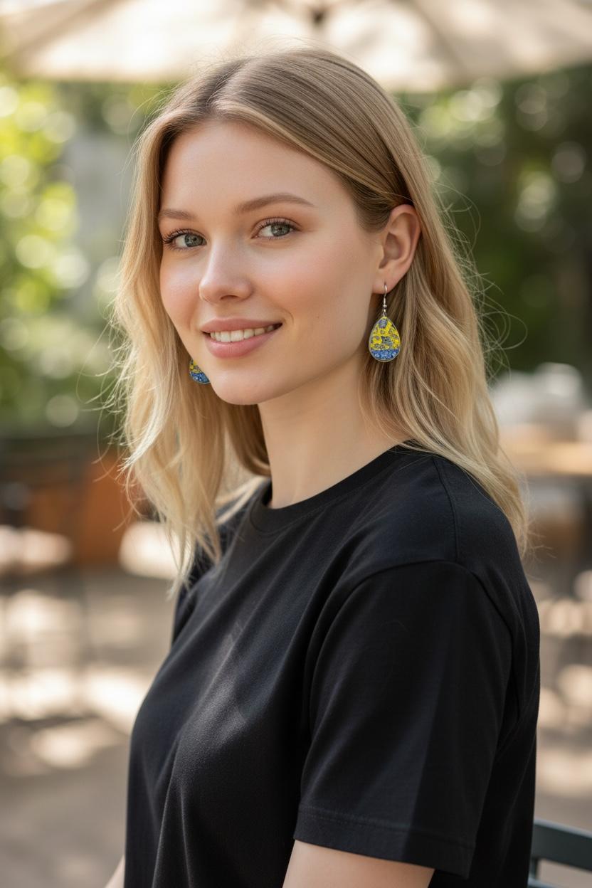 Persische Ohrringe mit Miniaturmotiv – Tropfenform | Gelb-Blau | Handgefertigt