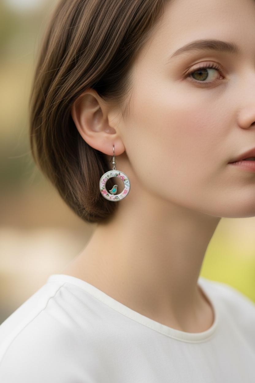 Runde Emaille-Ohrringe mit Vogel & Blumenmuster – Rosa & Türkis