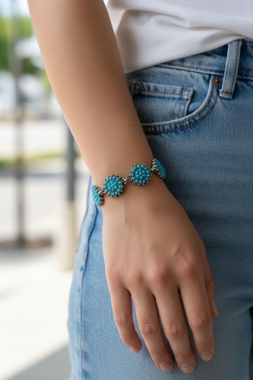 Orientalisches Armband mit Blütenstruktur | Türkis & Silber | Boho Schmuck für Damen