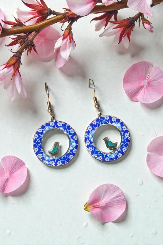 Runde persische Ohrringe mit Vogelmotiv – Handgefertigt & bemalt | Blau & Türkis