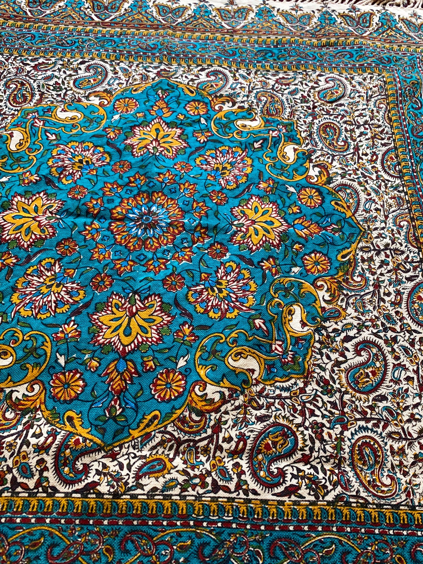 Termeh-Tischdecke (80 x 80 cm) – Ghalamkar Baumwolle | Boho Hausdekoration – Handbedruckt & Handgewebt – Türkisblauer Gartenzauber