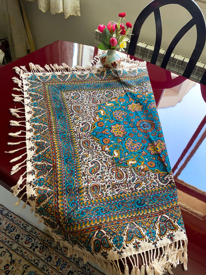 Termeh-Tischdecke (80 x 80 cm) – Ghalamkar Baumwolle | Boho Hausdekoration – Handbedruckt & Handgewebt – Türkisblauer Gartenzauber