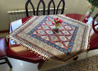 Termeh-Tischdecke (100 x 100 cm) – Ghalamkar Baumwolle | Boho Hausdekoration – Handbedruckt & Handgewebt – Granatrote Mosaikblüte