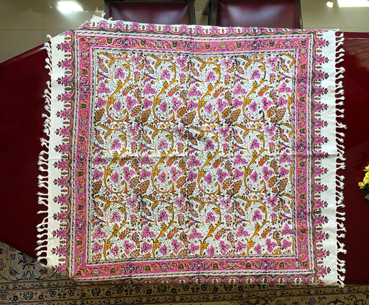 Termeh-Tischdecke (100 x 100 cm) – Ghalamkar Baumwolle | Boho Hausdekoration – Handbedruckt & Handgewebt – Rosé Flora