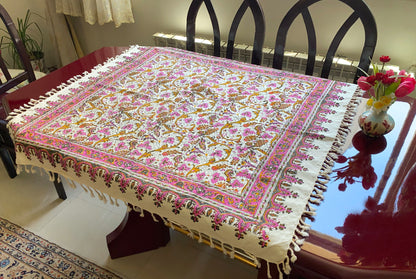 Termeh-Tischdecke (100 x 100 cm) – Ghalamkar Baumwolle | Boho Hausdekoration – Handbedruckt & Handgewebt – Rosé Flora