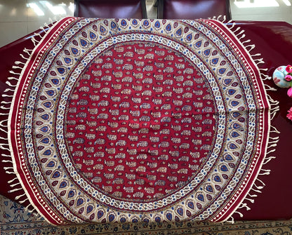 Termeh-Tischdecke (Durchmesser ca. 110 cm) – Ghalamkar Baumwolle | Boho Hausdekoration – Handbedruckt & Handgewebt – Runder Tropfenzauber