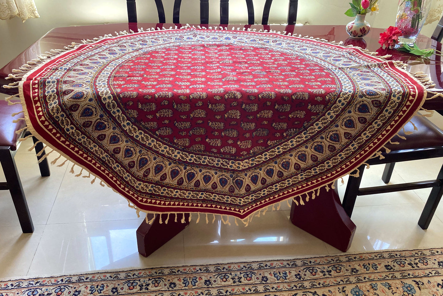 Termeh-Tischdecke (Durchmesser ca. 110 cm) – Ghalamkar Baumwolle | Boho Hausdekoration – Handbedruckt & Handgewebt – Runder Tropfenzauber