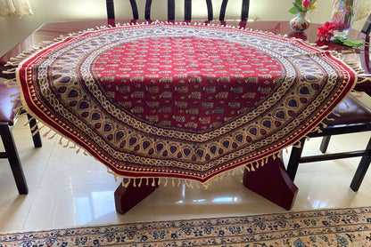 Termeh-Tischdecke (Durchmesser ca. 110 cm) – Ghalamkar Baumwolle | Boho Hausdekoration – Handbedruckt & Handgewebt – Runder Tropfenzauber