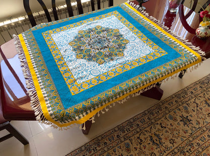 Termeh-Tischdecke (100 x 100 cm) – Ghalamkar Baumwolle | Boho Hausdekoration – Handbedruckt & Handgewebt – Blauer Sonnenstern