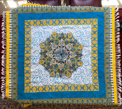 Termeh-Tischdecke (100 x 100 cm) – Ghalamkar Baumwolle | Boho Hausdekoration – Handbedruckt & Handgewebt – Blauer Sonnenstern