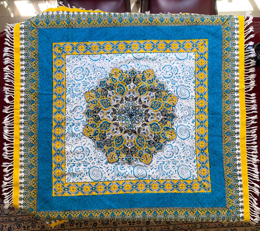 Termeh-Tischdecke (100 x 100 cm) – Ghalamkar Baumwolle | Boho Hausdekoration – Handbedruckt & Handgewebt – Blauer Sonnenstern