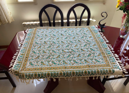 Termeh-Tischdecke (100 x 100 cm) – Ghalamkar Baumwolle | Boho Hausdekoration – Handbedruckt & Handgewebt – Goldene Boteh-Tradition