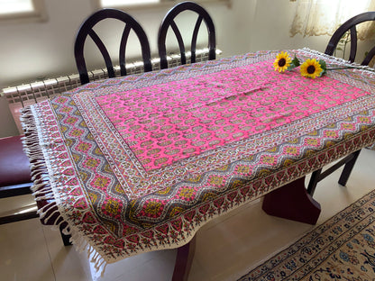Termeh-Tischdecke (150 x 100 cm) – Ghalamkar Baumwolle | Boho Hausdekoration – Handbedruckt & Handgewebt – Pinke Lebensbäume