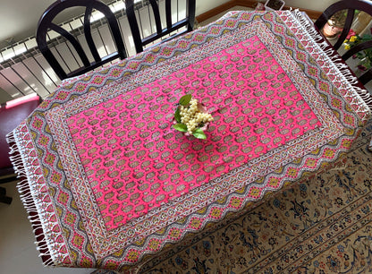 Termeh-Tischdecke (150 x 100 cm) – Ghalamkar Baumwolle | Boho Hausdekoration – Handbedruckt & Handgewebt – Pinke Lebensbäume