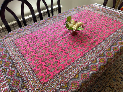 Termeh-Tischdecke (150 x 100 cm) – Ghalamkar Baumwolle | Boho Hausdekoration – Handbedruckt & Handgewebt – Pinke Lebensbäume