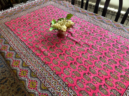 Termeh-Tischdecke (150 x 100 cm) – Ghalamkar Baumwolle | Boho Hausdekoration – Handbedruckt & Handgewebt – Pinke Lebensbäume