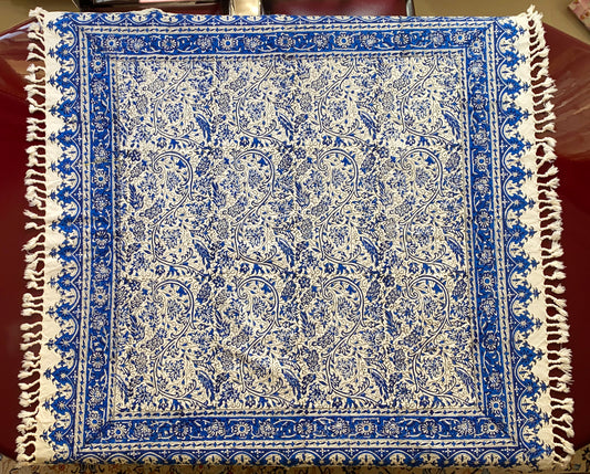 Termeh-Tischdecke (100 x 100 cm) – Ghalamkar Baumwolle | Boho Hausdekoration – Handbedruckt & Handgewebt – Blauer Blütenhauch