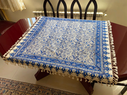 Termeh-Tischdecke (100 x 100 cm) – Ghalamkar Baumwolle | Boho Hausdekoration – Handbedruckt & Handgewebt – Blauer Blütenhauch