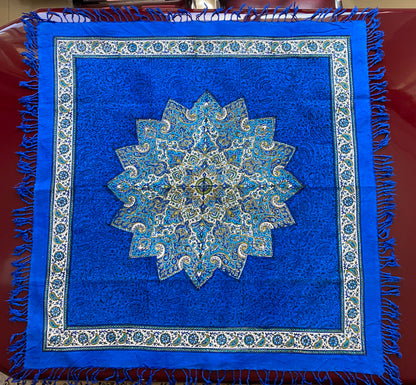 Termeh-Tischdecke (80 x 80 cm) – Ghalamkar Baumwolle | Orient-Dekoration – Handbedruckt & Handgewebt – Königsblauer Stern