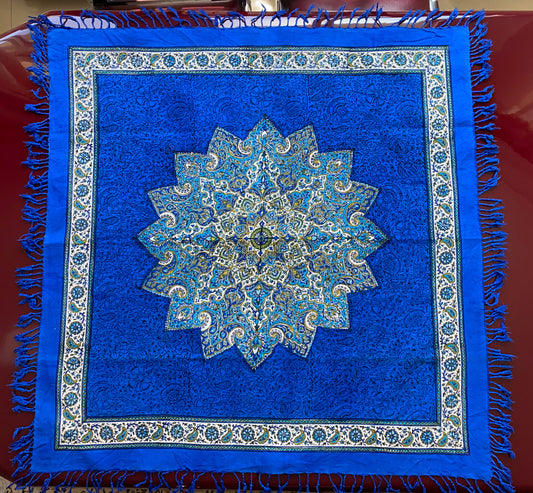 Termeh-Tischdecke (80 x 80 cm) – Ghalamkar Baumwolle | Orient-Dekoration – Handbedruckt & Handgewebt – Königsblauer Stern