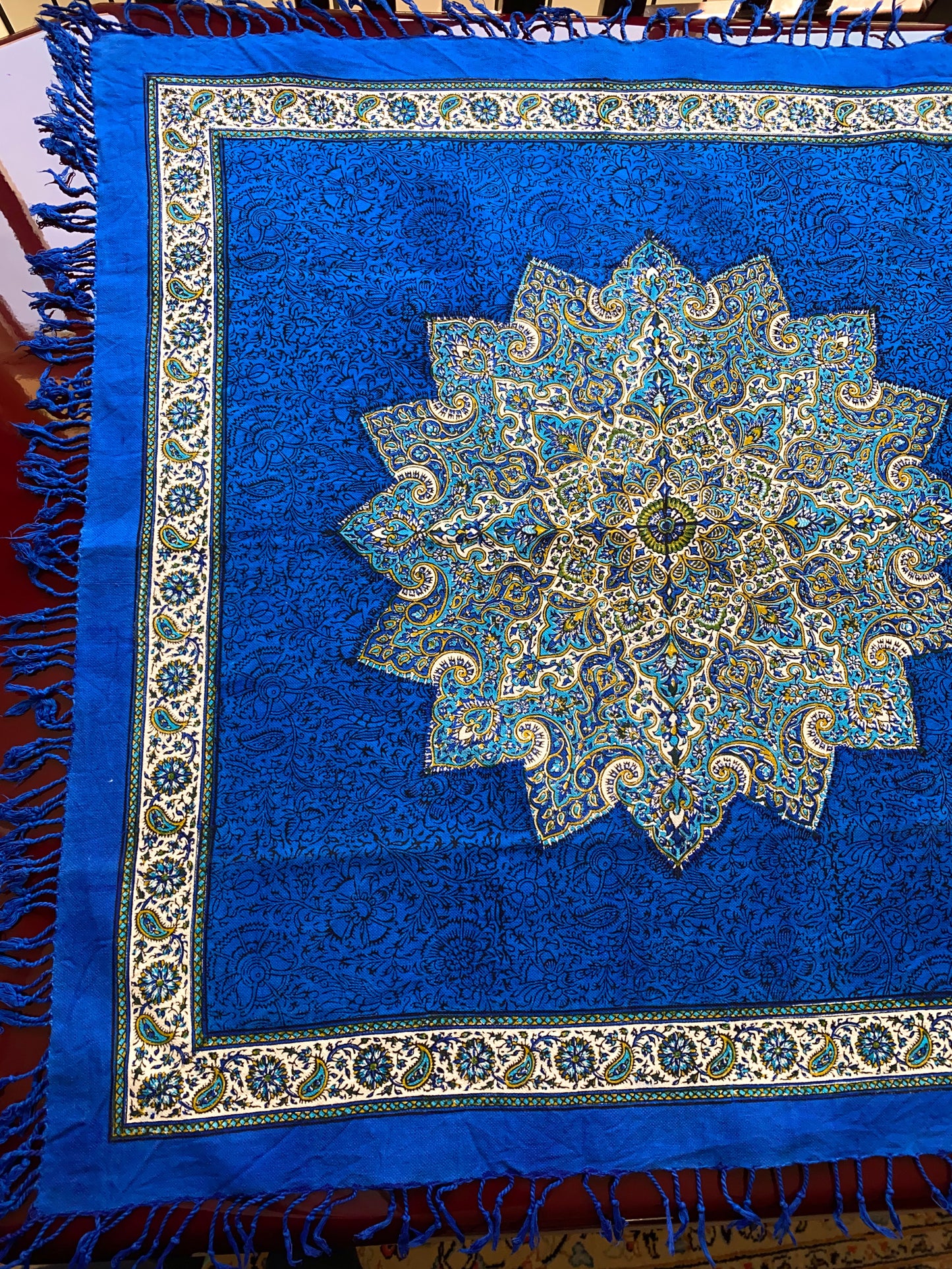 Termeh-Tischdecke (80 x 80 cm) – Ghalamkar Baumwolle | Orient-Dekoration – Handbedruckt & Handgewebt – Königsblauer Stern