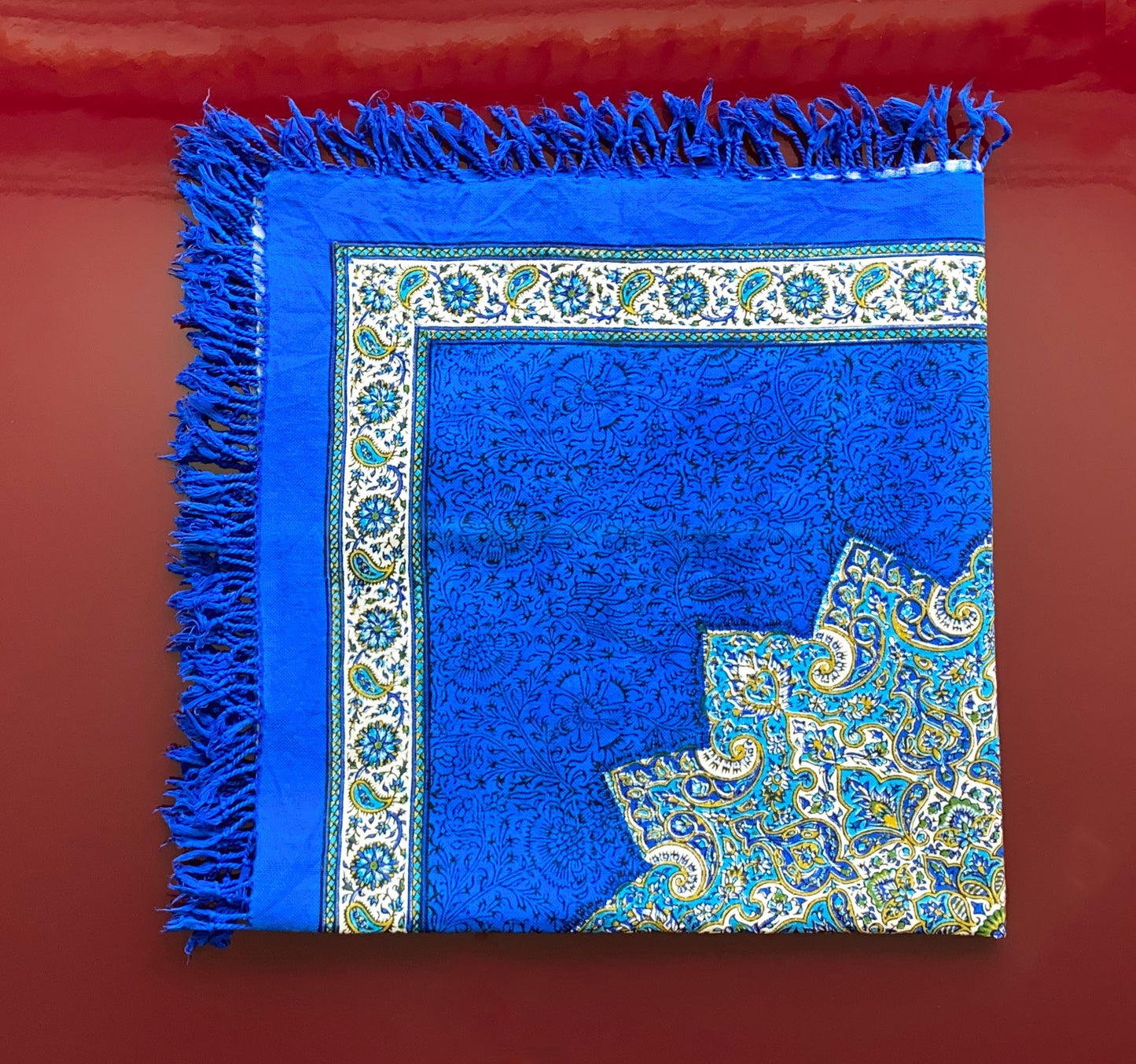 Termeh-Tischdecke (80 x 80 cm) – Ghalamkar Baumwolle | Orient-Dekoration – Handbedruckt & Handgewebt – Königsblauer Stern