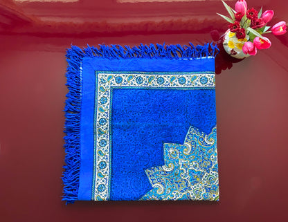 Termeh-Tischdecke (80 x 80 cm) – Ghalamkar Baumwolle | Orient-Dekoration – Handbedruckt & Handgewebt – Königsblauer Stern