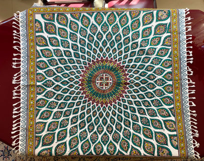 Termeh-Tischdecke (100 x 100 cm) – Ghalamkar Baumwolle | Orientalisches Kunsthandwerk – Handbedruckt & Handgewebt – Blütenteppich in Türkis & Smaragdgrün