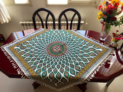 Termeh-Tischdecke (100 x 100 cm) – Ghalamkar Baumwolle | Orientalisches Kunsthandwerk – Handbedruckt & Handgewebt – Blütenteppich in Türkis & Smaragdgrün
