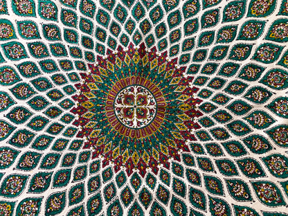 Termeh-Tischdecke (100 x 100 cm) – Ghalamkar Baumwolle | Orientalisches Kunsthandwerk – Handbedruckt & Handgewebt – Blütenteppich in Türkis & Smaragdgrün