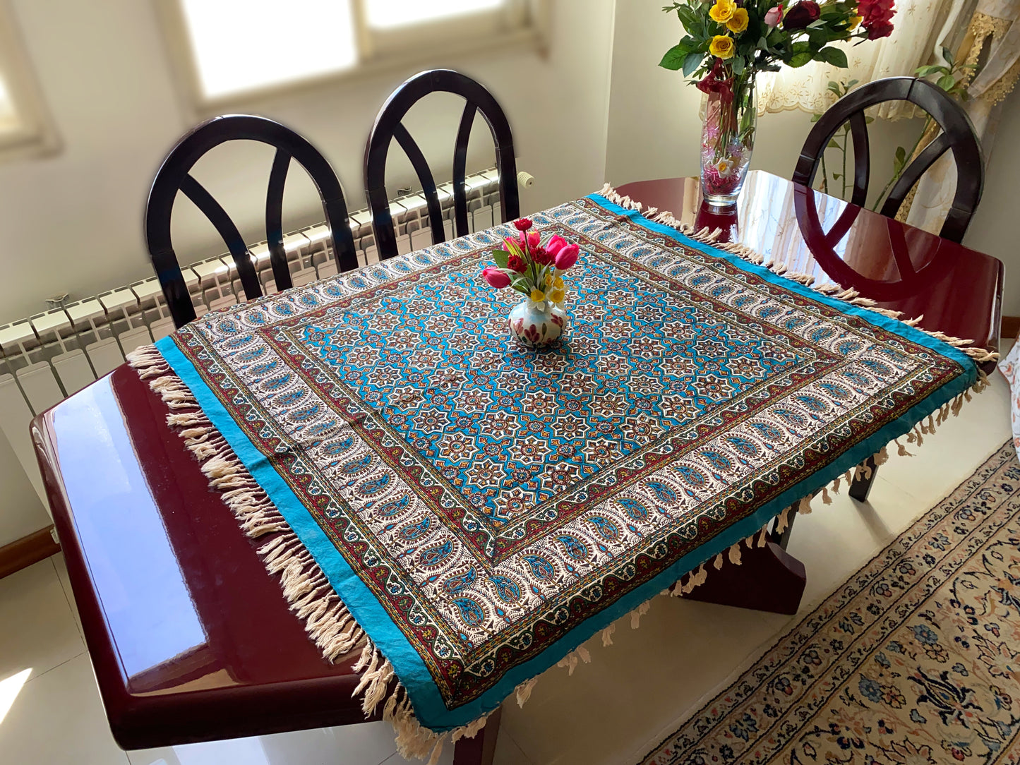 Termeh-Tischdecke (100 x 100 cm) – Ghalamkar Baumwolle | Boho Hausdekoration – Geometrischer Orient in Türkis & Ocker