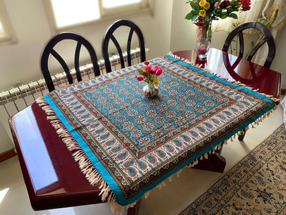 Termeh-Tischdecke (100 x 100 cm) – Ghalamkar Baumwolle | Boho Hausdekoration – Geometrischer Orient in Türkis & Ocker