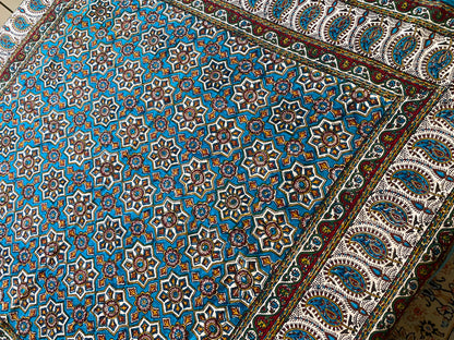 Termeh-Tischdecke (100 x 100 cm) – Ghalamkar Baumwolle | Boho Hausdekoration – Geometrischer Orient in Türkis & Ocker