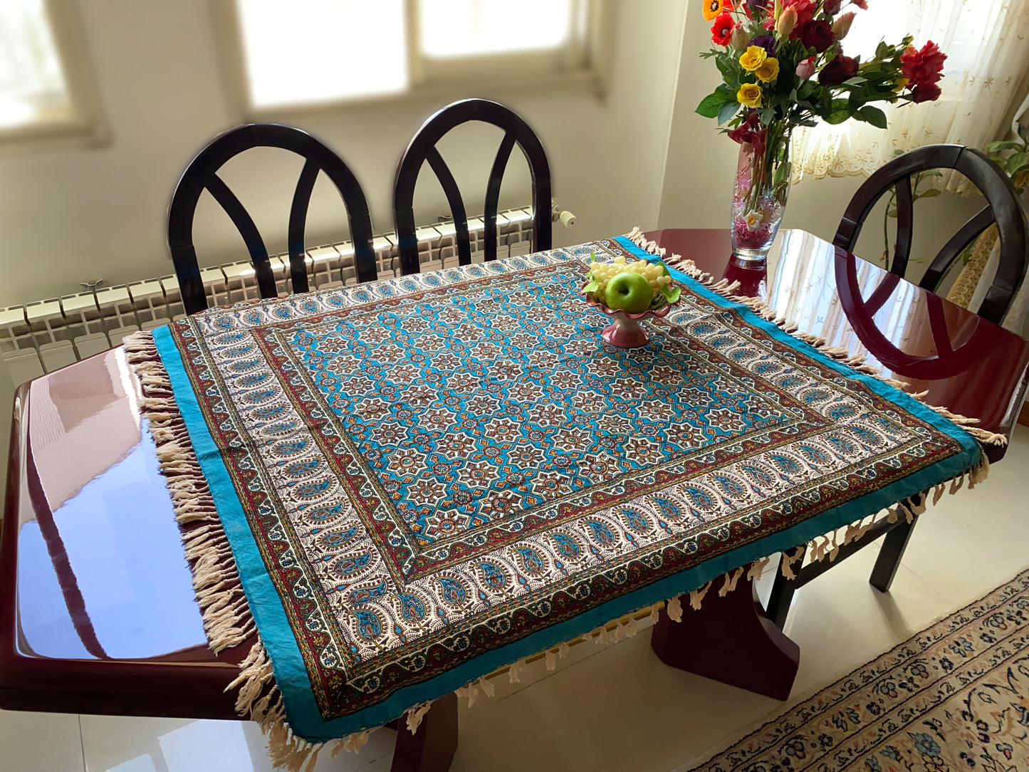 Termeh-Tischdecke (100 x 100 cm) – Ghalamkar Baumwolle | Boho Hausdekoration – Geometrischer Orient in Türkis & Ocker