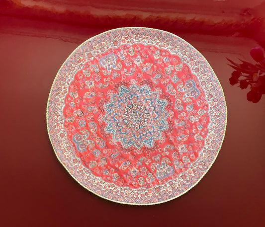 Runde Termeh-Tischdecke (38 cm) – Traditionelles persisches Design in Rot & Türkisblau | Seide & Baumwolle