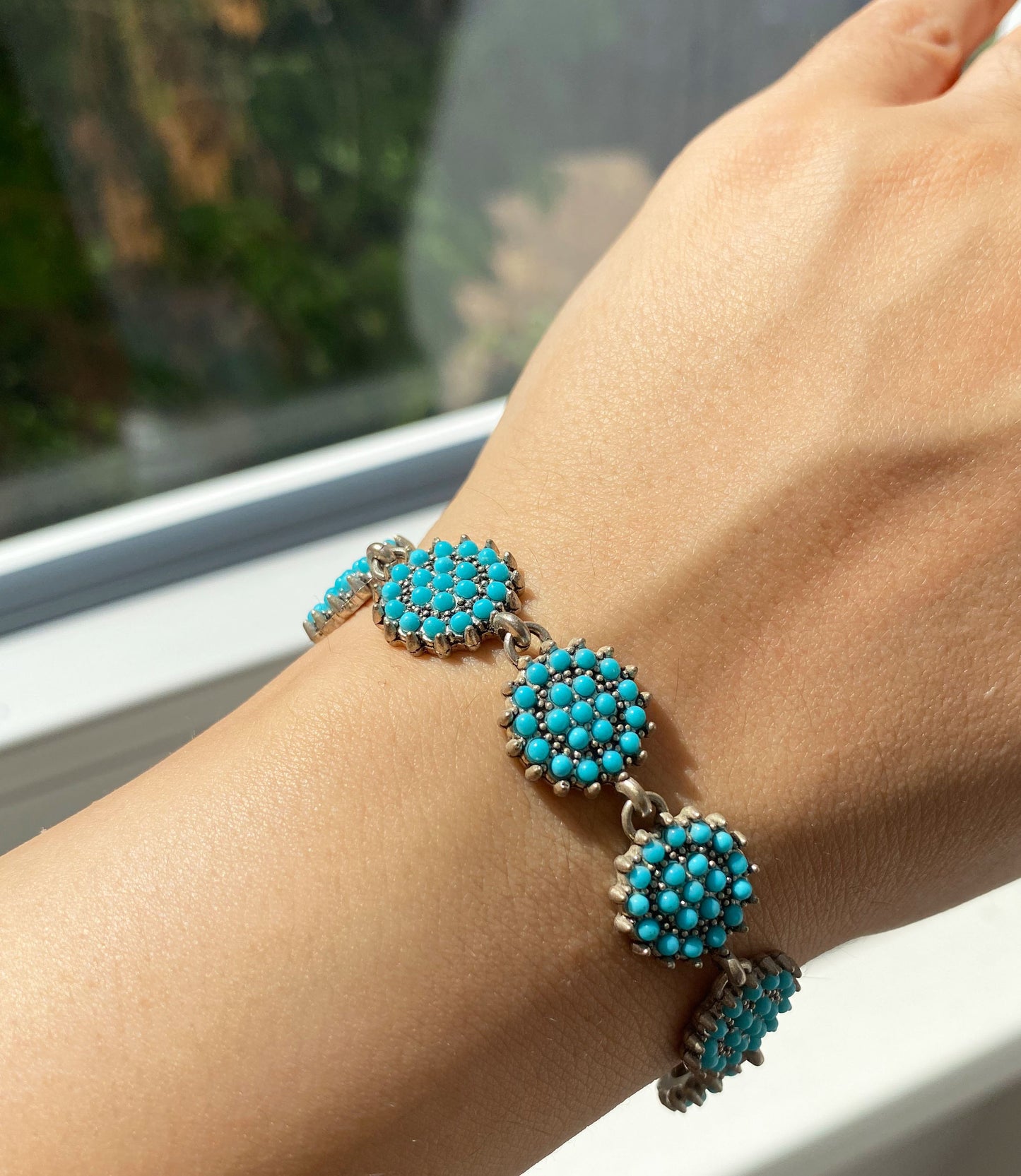 Orientalisches Armband mit Blütenstruktur | Türkis & Silber | Boho Schmuck für Damen