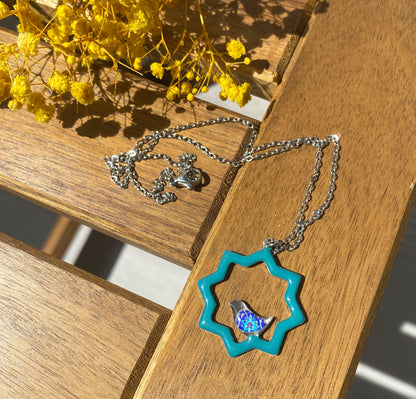 Kette mit Stern-Anhänger und Vogelmotiv – Türkis & Blau | Orientalisches Design mit Edelstahlkette