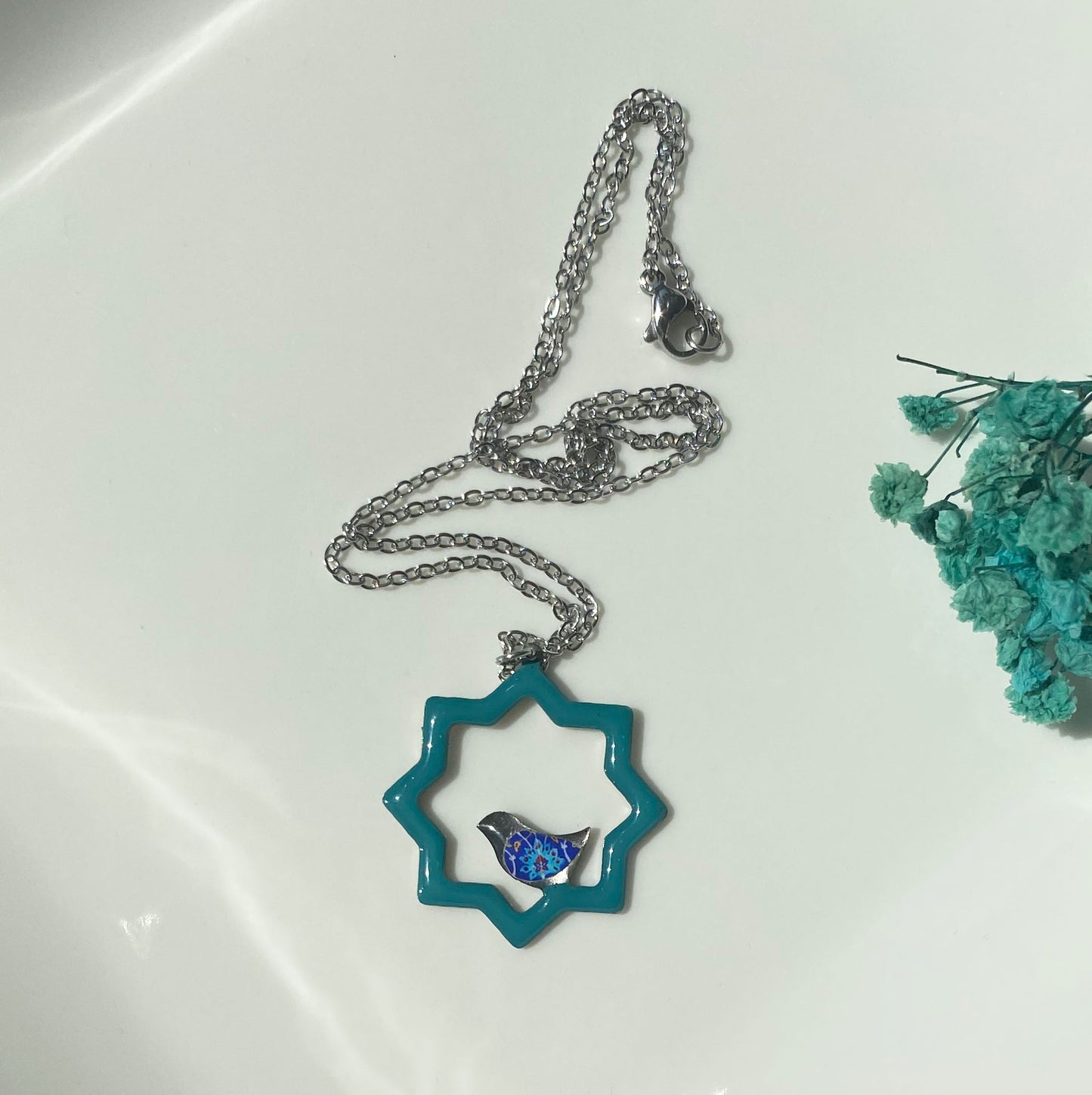 Kette mit Stern-Anhänger und Vogelmotiv – Türkis & Blau | Orientalisches Design mit Edelstahlkette
