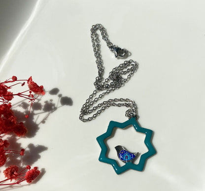 Kette mit Stern-Anhänger und Vogelmotiv – Türkis & Blau | Orientalisches Design mit Edelstahlkette