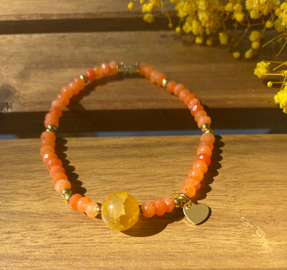 Orange Naturstein-Perlenarmband für Damen mit Herz-Anhänger – Edelstahl Boho Schmuck