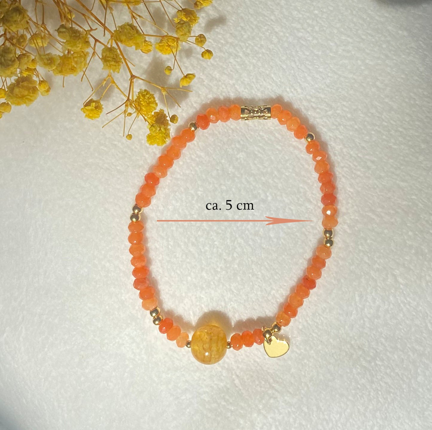 Orange Naturstein-Perlenarmband für Damen mit Herz-Anhänger – Edelstahl Boho Schmuck