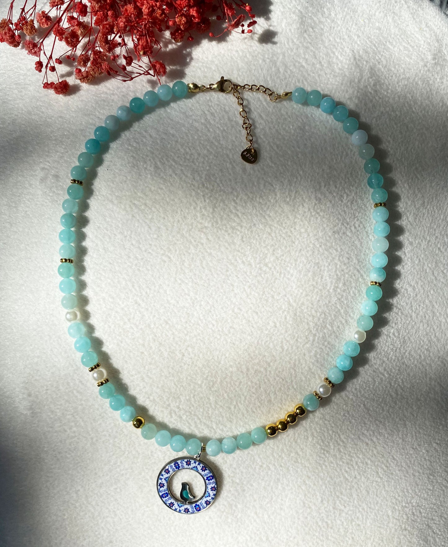 Naturstein Halskette mit orientalischem Anhänger & Vogelmotiv | Handgefertigt aus Edelstahl